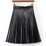 Black Pleated PU Faux Leather Quilted Mini Knee Skirt